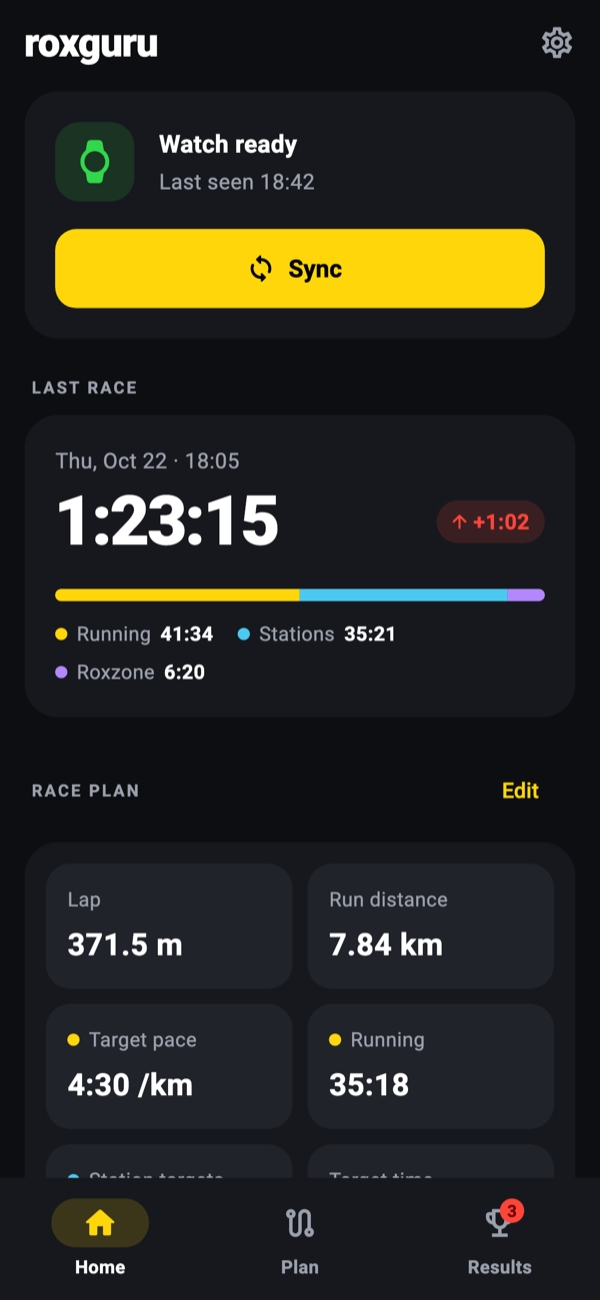 Roxguru companion app home screen with the last race and race plan